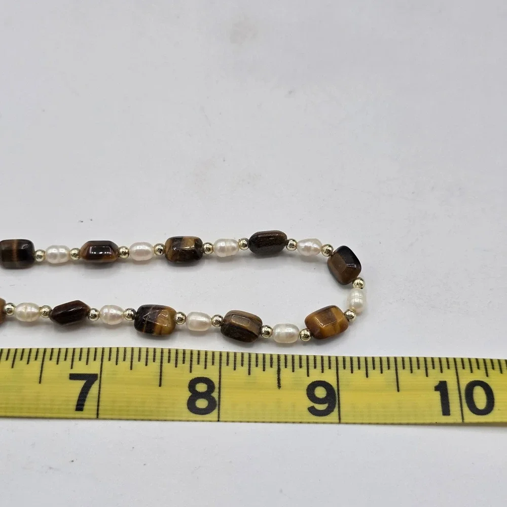 Tigers Eye Freshwater Pearl Beaded Necklace Brown Gold White 18.5 Inch Boho